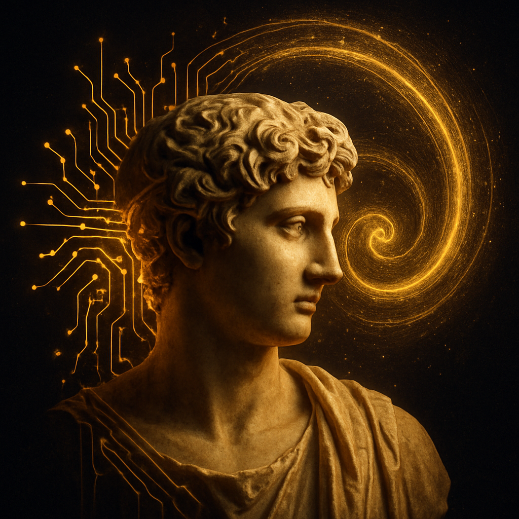 A classical marble profile head wrapped in glowing golden circuitry and a spiral of light