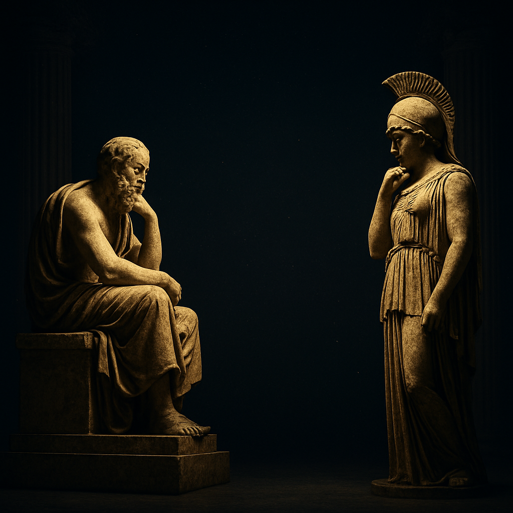 A seated classical philosopher statue on the left and a helmeted Athena statue on the right, framed by faded marble columns against a dark cosmic navy hall
